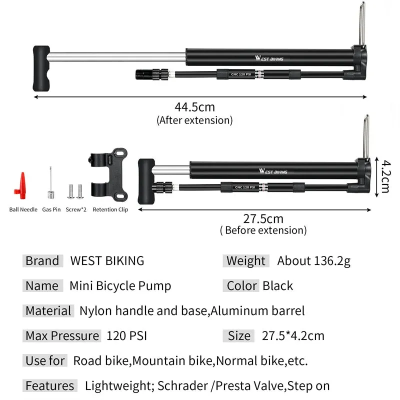 120PSI High Pressure Bike Foot Pump With Gauge Mini Portable Alloy Pump For Schrader Presta Valve Tire Air Inflator