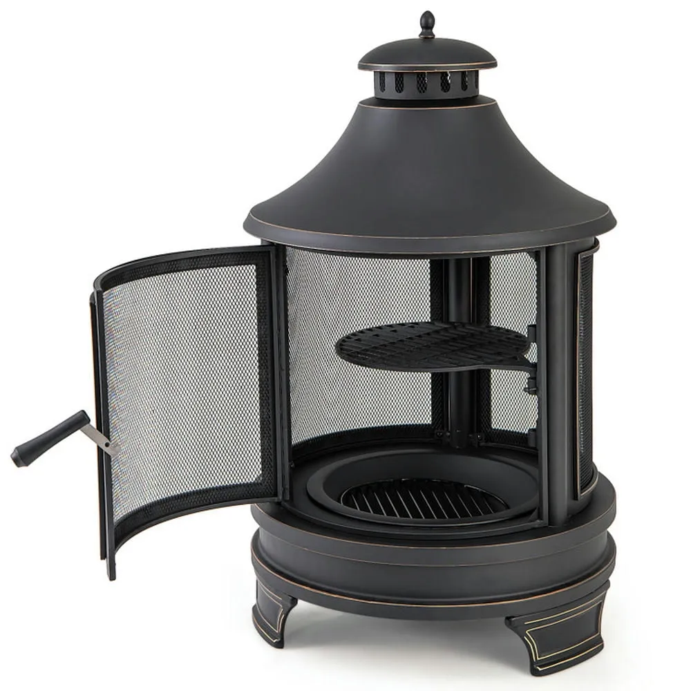 essential 30 Inch Outdoor Fire Pit Chiminea with Grill for Garden BBQ, Camping Stove for Outdoor Cooking