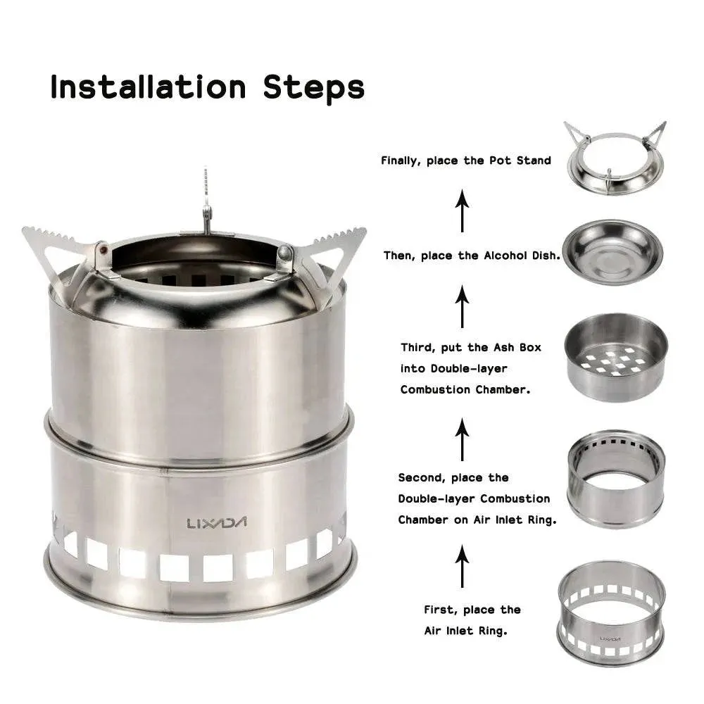 Lixada  Lightweight Wood Stove Alcohol Stove Burner Stainless Steel Outdoor Cooking Picnic BBQ Camping Wood Stove Furnace