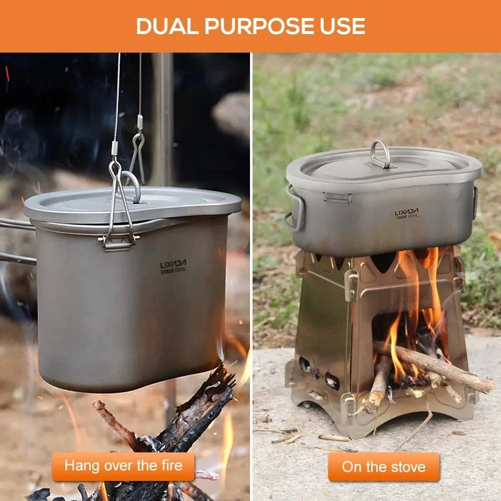 Lixada Outdoor Camping Titanium Canteen Set 380ml 750ml Hanging Pot Tableware Hiking Survival Equipment Picnic Supplies Travel