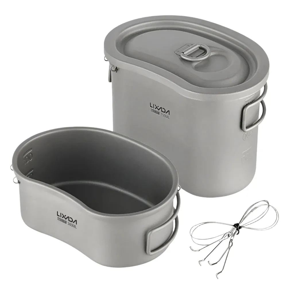 Lixada Outdoor Camping Titanium Canteen Set 380ml 750ml Hanging Pot Tableware Hiking Survival Equipment Picnic Supplies Travel