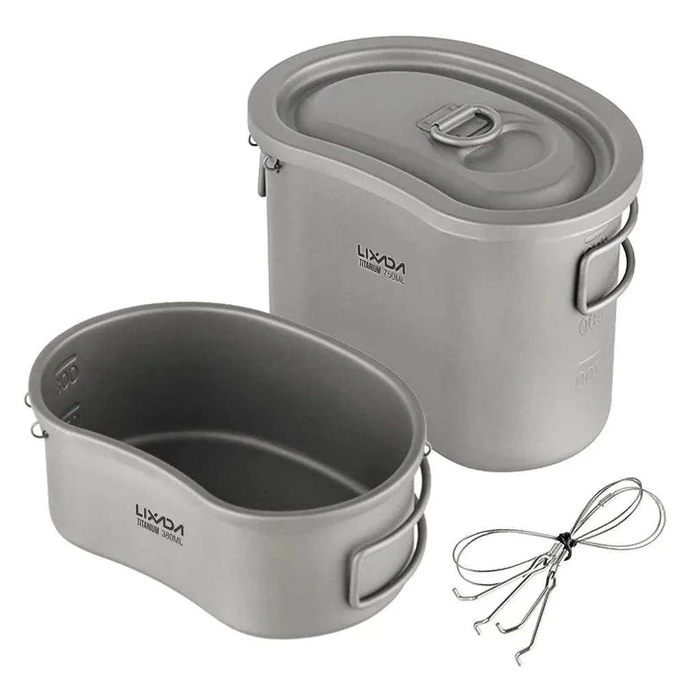 Lixada Outdoor Camping Titanium Canteen Set 380ml 750ml Hanging Pot Tableware Hiking Survival Equipment Picnic Supplies Travel