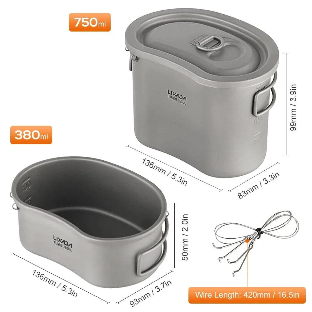 Lixada Outdoor Camping Titanium Canteen Set 380ml 750ml Hanging Pot Tableware Hiking Survival Equipment Picnic Supplies Travel