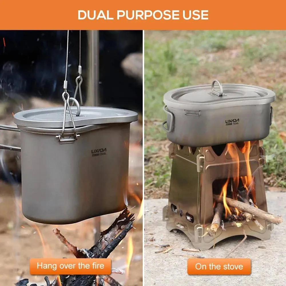 Lixada Outdoor Camping Titanium Canteen Set 380ml 750ml Hanging Pot Tableware Hiking Survival Equipment Picnic Supplies Travel