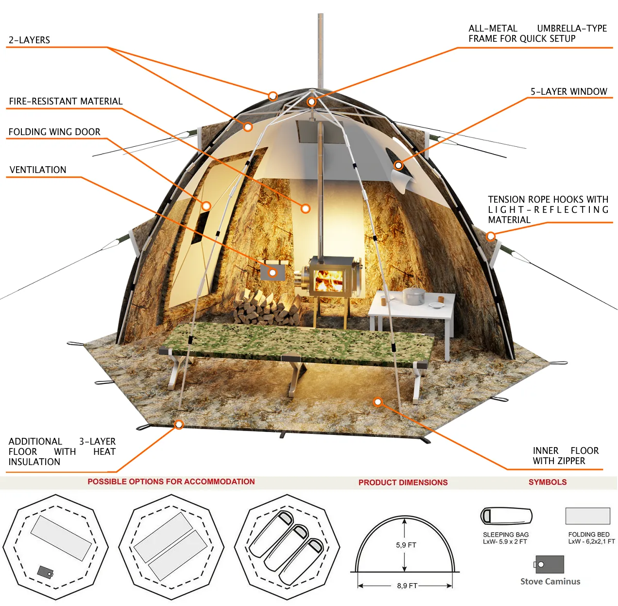 Russian Bear "UP-2-mini" Woodstove Tent with DOOR | 1-3 person