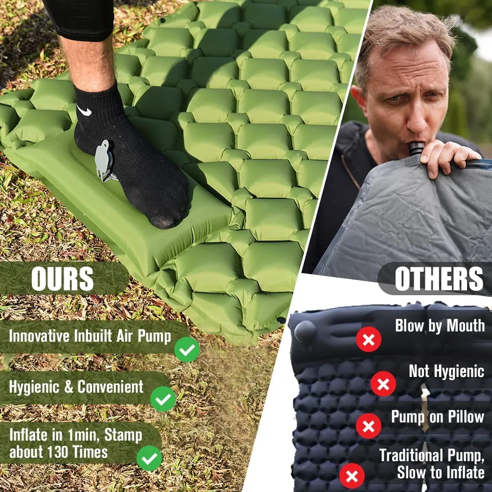 Self Inflating Camping Sleeping Pad - Large Ultralight Camping Pad with Pillow & Foot Pump Thick Waterproof Sleeping Mat for Backpacking Hiking Outdoor Portable Tent Traveling 78.7" X 27.6"