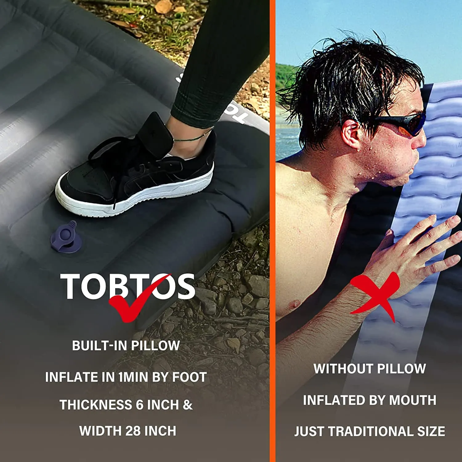 TOBTOS Self Inflating Camping Sleeping Pad with Pillow, Thick 6 Inch Ultralight Sleeping Pad with Built-In Pump, Lightweight Sleeping Mat for Camping, Backpacking, Hiking, Tent (Grey)